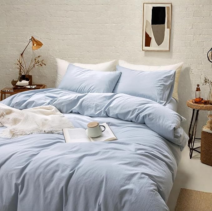 FOSSA Duvet Cover Set 100% Washed Cotton Linen Feel Super Soft Breathable Cozy 3 Pieces Bedding Sets Solid Cornflower Blue Full