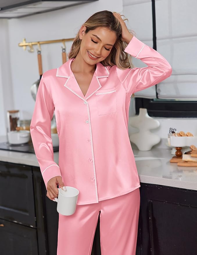Ekouaer Satin Pajama Set for Women Silky Sleepwear Long Sleeve Top and Pants Button Down Pjs Lounge Set
