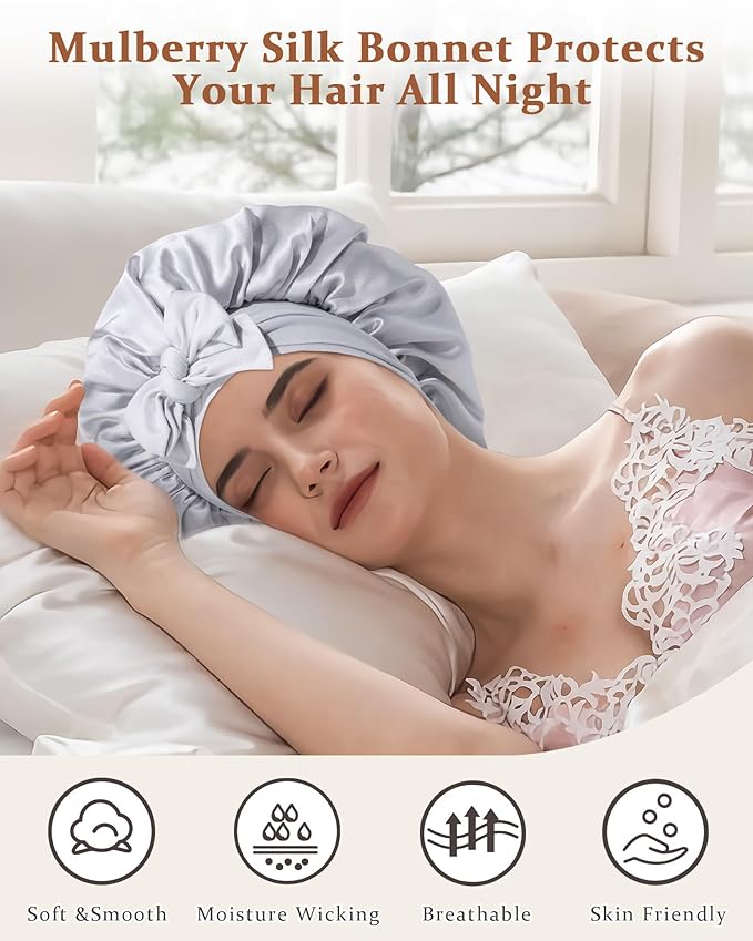 100% Mulberry Silk Bonnet for Sleeping Women Double Layer Silk Hair Bonnet Natural Silk Sleep Cap with Elastic Reversible Hair Wrap (Black+Silver Gray)