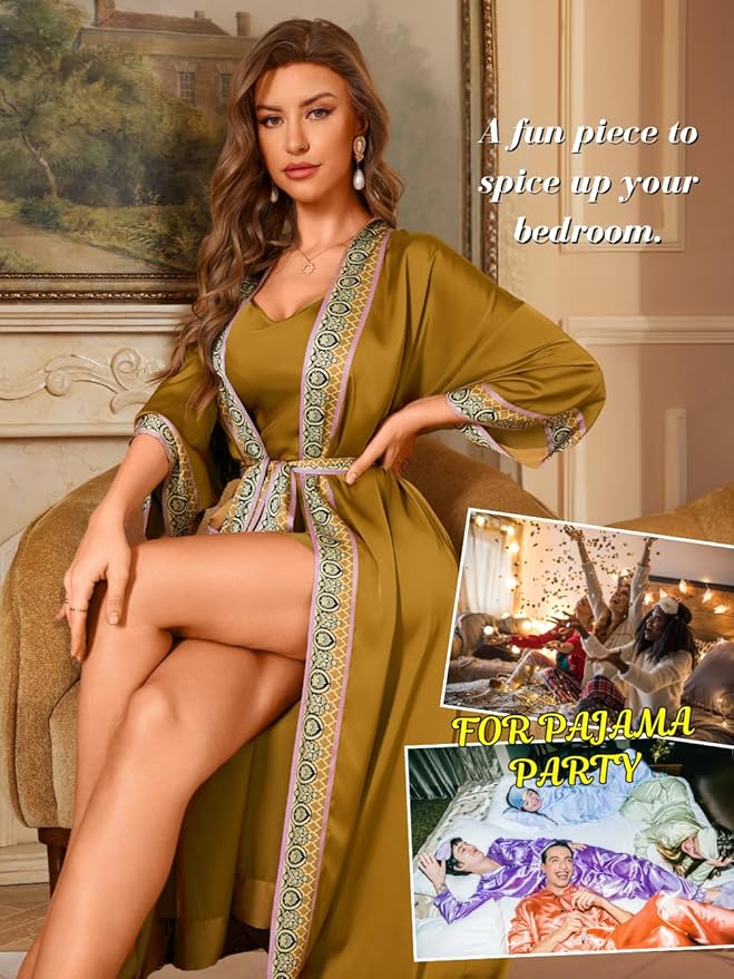 Satin Robe Sets For Women, 2-PC Lightweight Bathrobe, Silk Sleepwear Kimono Bridesmaid Sexy Robes
