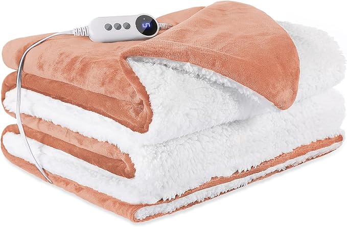 Electric Heated Blanket Throw 50"x60" - Soft Cozy Flannel & Sherpa Fabric Dual-Sided, 9 Heat Settings & 10H Auto Off, Warming Heated Throw for Home Office, Machine Washable, Light Coral Pink