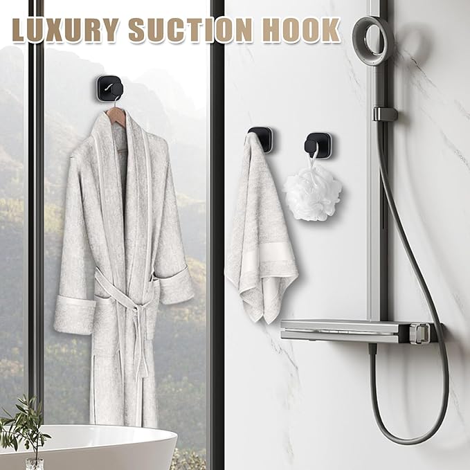 Suction Cup Hooks for Shower - Resuable Bathroom Hooks for Towels, Robes & Loofah - No-Drill Mounting on Kitchen,Walls,Metal,Glass,Mirrors,Tile & Smooth Non-Porous Surfaces (2, Matte Black)
