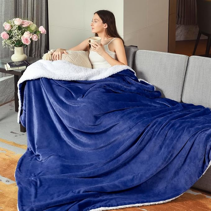 KAWAHOME Sherpa Fleece Throw Blanket for Bed - Extra Warm and Heavy Thick Throw Blankets for Winter, Super Soft 500GSM Plush Blanket, 50"X 60" Navy Blue