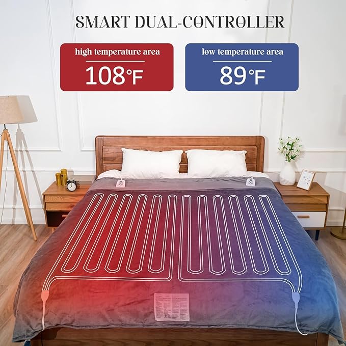SUNVIVI Heated Electric Blanket Queen Size Dual Control, 10 Heat Settings, 12 Hours Auto Off, Machine Washable, ETL Certified, Overheating Protection, Grey, 84x90 Inch