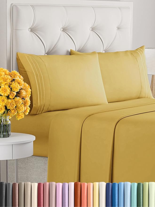 Queen Size 4 Piece Sheet Set - Extra Soft, Breathable & Cooling Sheets - Hotel Luxury Durable Bed Sheets for Women & Men - Deep Pockets, Easy-Fit & Wrinkle-Free Sheets - Mustard Oeko-Tex Bed Sheet Set