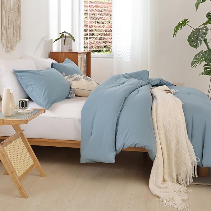 ROSGONIA Comforter Full Size for Boys Teen Girls Dusty Blue, 3pcs (1 Boho Comforter & 2 Pillowcases), Lightweight Dorm Bedding Soft All Season Bed Set