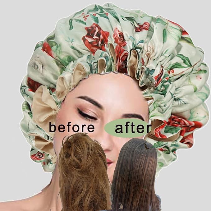 Satin bonnet for women 2PCS silk hair bonnet cap reversible for sleeping Adjustable Night sleep cap for curly natural hair double-layer and Washable (White Green flower)