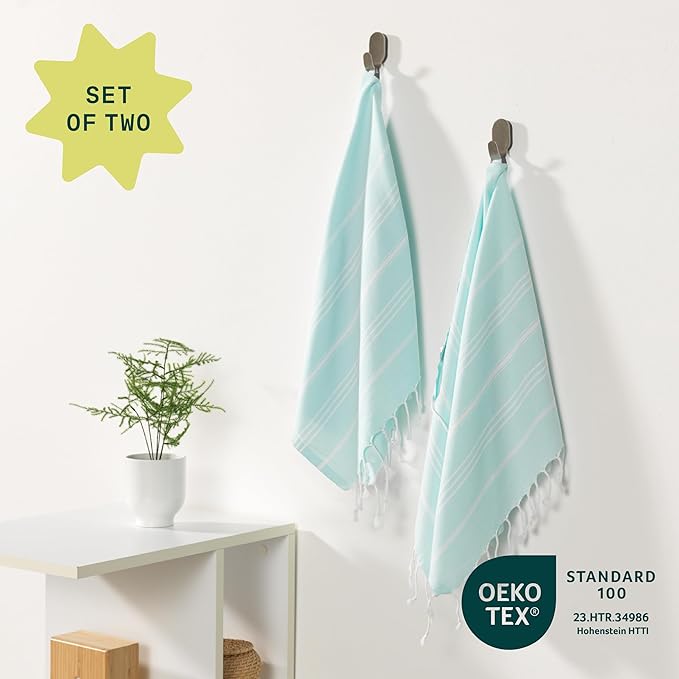 WETCAT Turkish Hand Towels with Hanging Loop, Set of 2 (20" x 30") 100% Turkish Cotton, Pre-Washed, Quick Drying, for Kitchen or Bathroom - Aqua