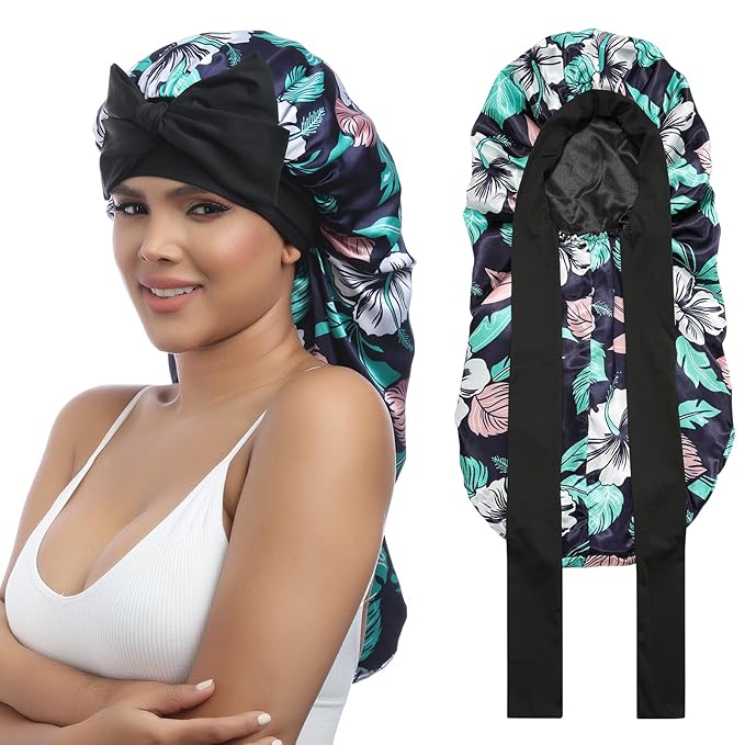 AWAYTR Long Satin Bonnet for Women - Double Layer Elastic Silk Bonnet for Braids Hair Sleeping Cap with Tie Band (Flower D)