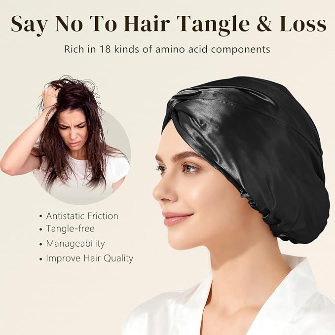 ZIMASILK 22 Momme 100% Mulberry Silk Bonnet for Sleeping & Women Hair Care, Highest Grade 6A Silk Hair wrap for Sleeping with Premium Elastic Stay On Head (1Pc, Black)