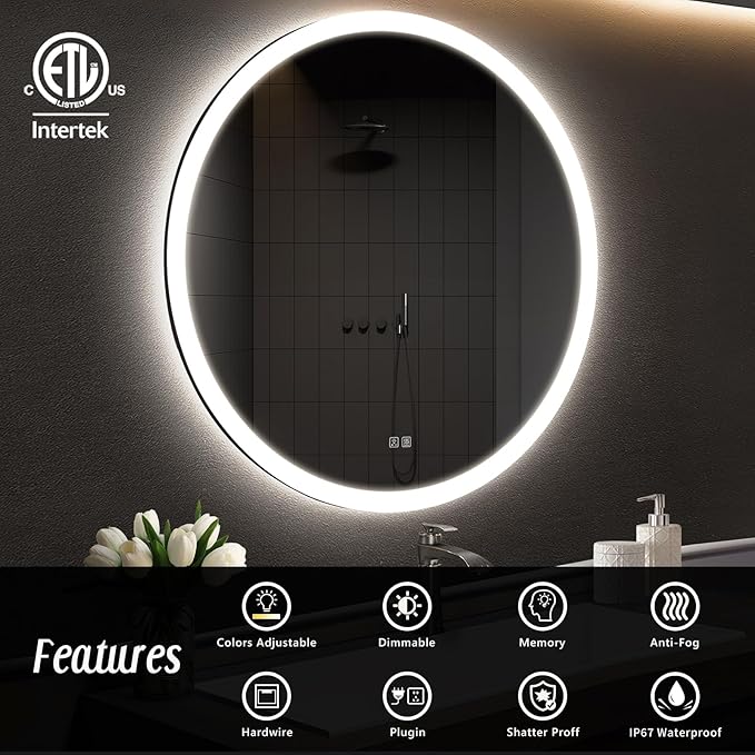 APRILSOUL 44 Inch Round LED Bathroom Vanity Mirror with Front and Backlit, Led Mirror with Anti-Fog, 3 Colors and Dimmable Light