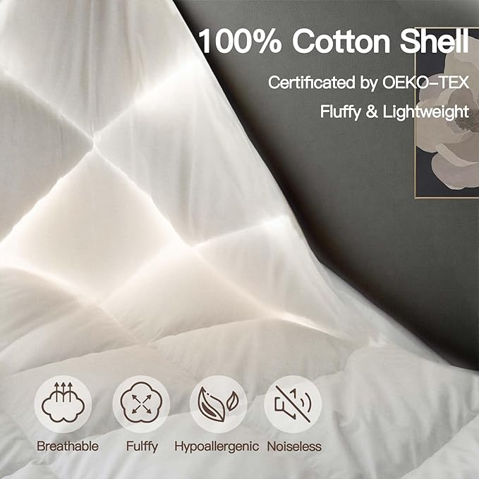 Goose Down Fiber Comforter King Size, 100% Cotton Luxurious Hotel Duvet Insert for All Season, Fluffy and Cozy with 8 Corner Tabs Medium Warmth 106 x 90 Inch White