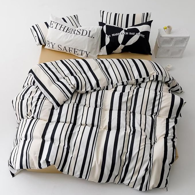 KAREVER Striped Comforter Set Full Black and White Comforter Men Women Modern Chic Stripes Bed Comforters Beige Black Striped Full Ticking Bedding Comforter Set All Season Hotel Quality Bed Set