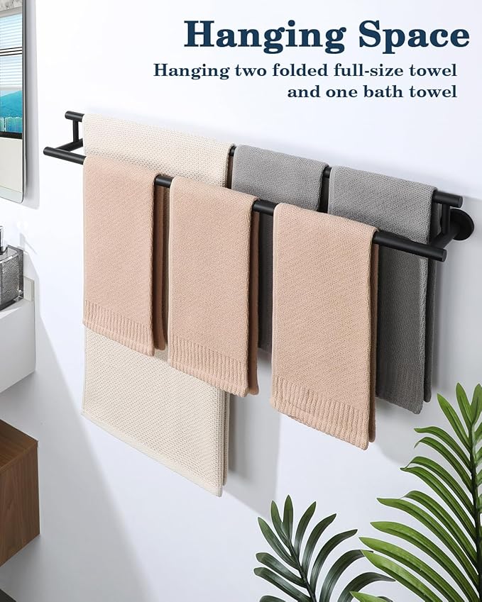 Alise Double Bath Towel Bars,28 Inch Towel Racks for Bathroom,SUS304 Stainless Steel Towel Holder,Sturdy Towel Hanger Wall Mounted,Towel Rod,Robe Towel Hooks,Matte Black Towel Rail,GYT6902-B