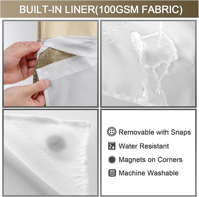 YellyHommy No Hook Shower Curtain with Snap in Liner Set Less Time Waffle Shower Curtain for Bathroom (Beige, 87" L x 72" W)
