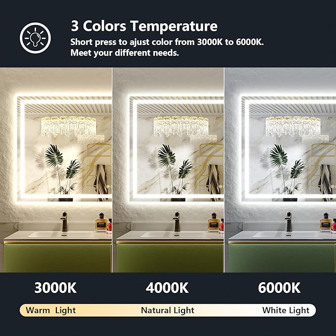 72x40 Inch LED Bathroom Mirror with Lights Front and Backlit Lighted Vanity Mirror for Bathroom Wall with 3 Colors Dimmable Anti-Fog Memory Shatter-Proof IP54 Waterproof Horizontal/Vertical
