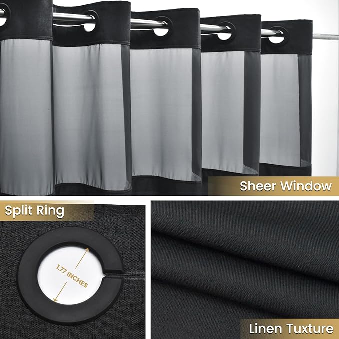 No Hook Shower Curtain with Snap in Liner, Polyester Textured Shower Curtain with Liner Set, Waterproof Washable Hotel Style Shower Curtains for Bathroom, 71Wx77H, Black