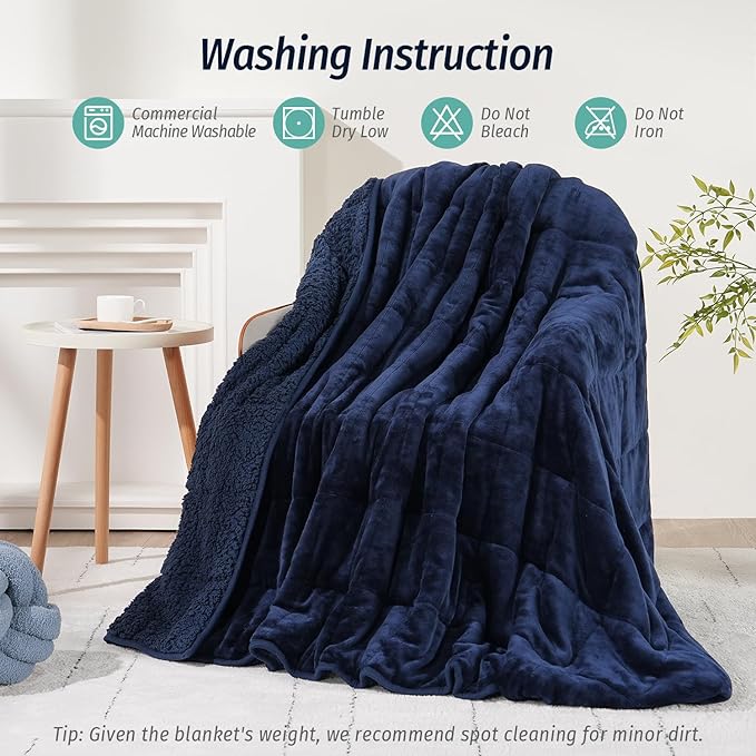 Wemore Sherpa Fleece Weighted Blanket for Adult, 20 lbs Dual Sided Cozy Fluffy Heavy Blanket, Ultra Fuzzy Throw Blanket with Soft Plush Flannel Top, 60 x 80 inches Navy Blue on Both Sides