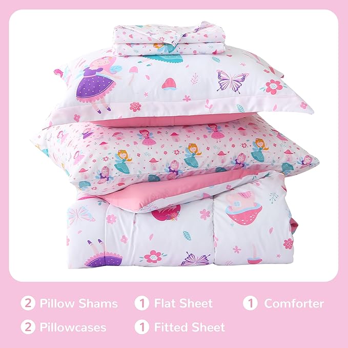Viviland Kids Full Bedding Sets for Girls, Soft Full Comforter Set with Sheets, 7 Pieces Microfiber Bed in a Bag, Fairy Mushroom