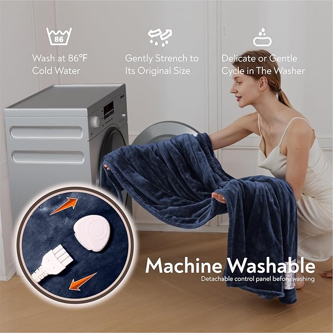 Wapaneus Foot Pocket Heated Blanket Electric Throw with 10 Heating Levels and 4 Timer Settings 4 Hours Auto Shut Off, Flannel Fast-Heating Heated Throw 50" x 60", Machine Washable, Dark Blue