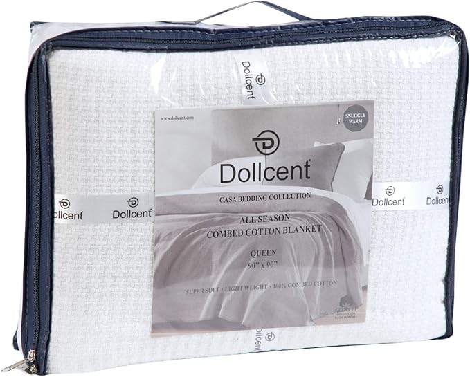 DOLLCENT 100% Cotton Queen Size Blanket for Bed, Premium Soft Combed Lightweight Blankets, Washed Breathable Cozy Bed Throw Blanket, White Queen Cotton Blankets for All Season: White (90"x90")