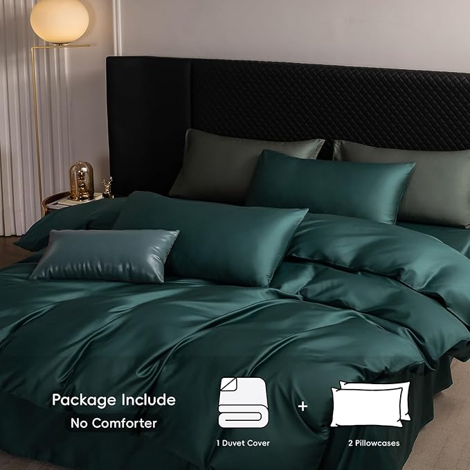 MooMee Duvet Cover Set 100% Extra Long Staple Cotton 600 Thread Count Silky Sateen Smooth Luxury Soft Breathable Durable Hotel Quality Bedding, 3 Pieces (Forest Green, Full 80"x90")