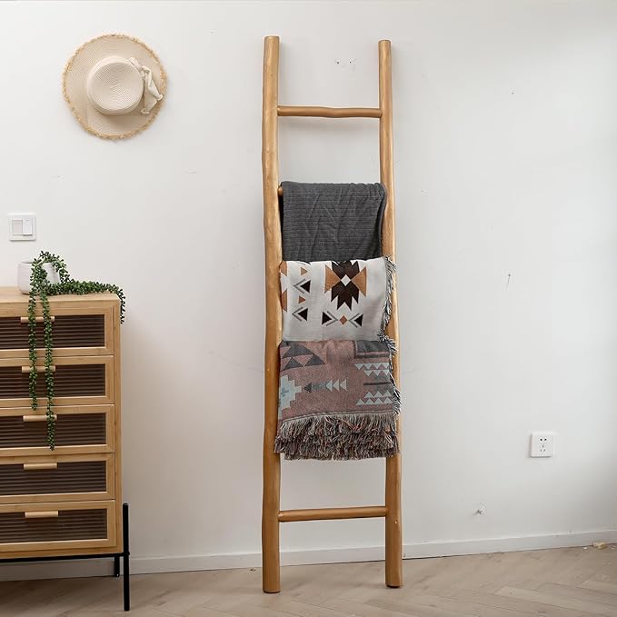 FUIN Fully Assembled 6ft Wood Blanket Ladder Living Room Decorative Wall Leaning Farmhouse Quilt Display Holder Rustic Wooden Towel Rack for Bathroom, Gold
