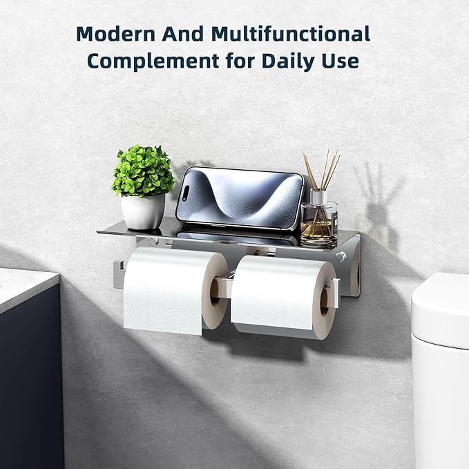 Angle Simple Double Toilet Paper Holder with Shelf Polished Chrome, 304 Stainless Steel Toilet Tissue Roll Holder Wall Mount