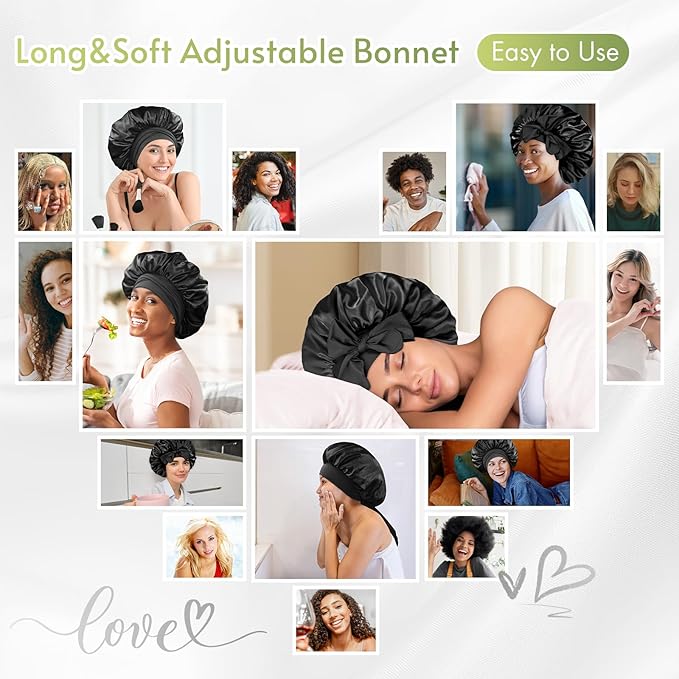 BONNET QUEEN Silk Bonnet for Sleeping Women Satin Bonnet Night Sleep Cap Hair Wrap for All Hair with Adjustable Tie Band,Black