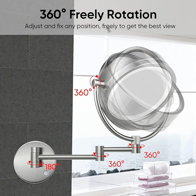 GURUN Wall Mounted Hardwired Makeup Mirror with 3 Dimmable LED Lights 10x Magnifying Mirror for Bathroom Touch Control 13" Extendable Arm Direct Wire Brushed Nickel M1809DN (10x,Nickel)