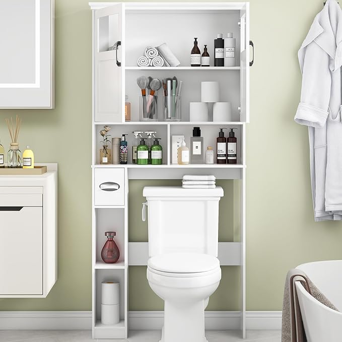 Vabches Freestanding Toilet Storage Cabinet with Double Doors, Shelf Space Saver, Anti-Tip Design & Adjustable Shelf, White
