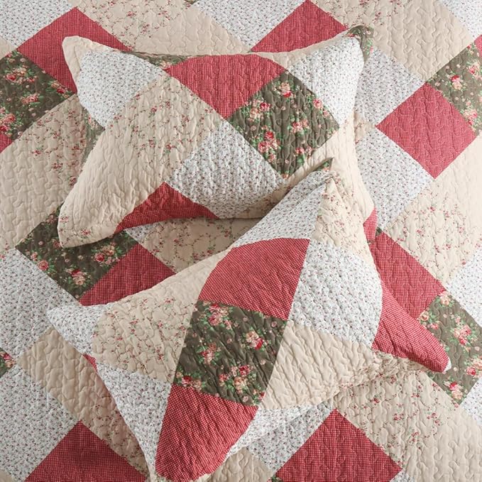 ENASAL Cotton Bedspread Quilt Bedding Sets Reversible Coverlet Sets Comforters Rose Floral Purple White Patchwork Pattern Bedspread for All Season, Queen Size