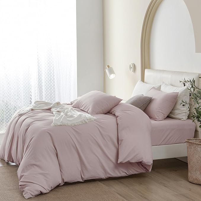 JIYUAN 100% Washed Cotton Duvet Cover Set 3 PCS Oversized King, 1 Duvet Cover 120"x98" (Comforter Not Included) and 2 Pillowcases,Linen Feel Bedding Set Comfy and Breathable, Heathered Greyish Pink