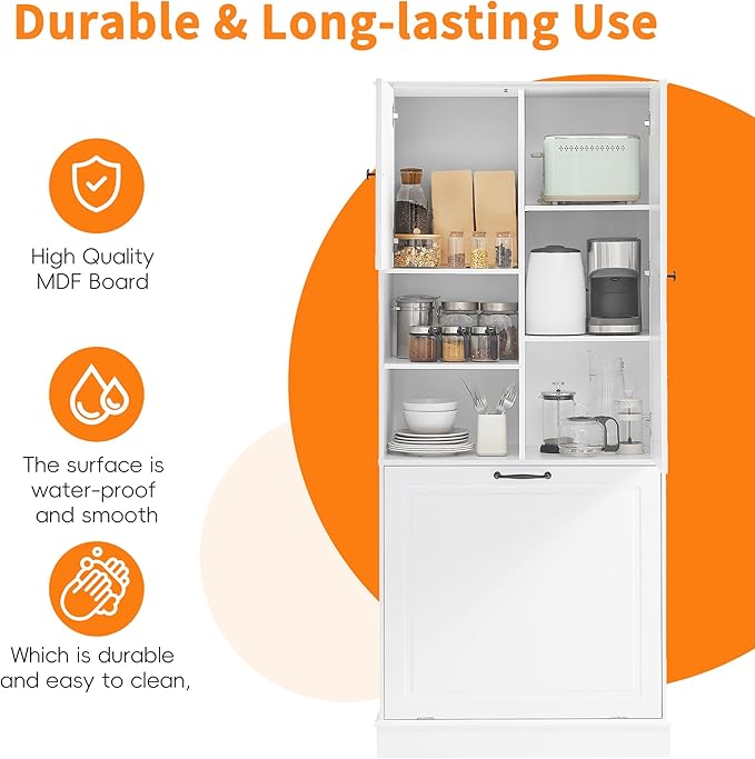 Tall Storage Cabinet with Adjustable Shelves & Flip-Out Basket, MDF Material with Aluminum Alloy Handles, Large Capacity for Bathroom, Kitchen, Living Room, Office Organizer, White