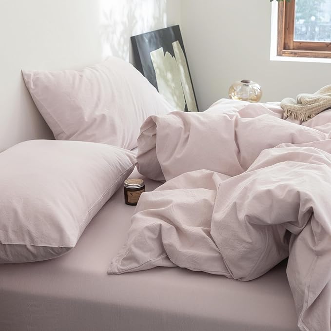 FOSSA Duvet Cover Set 100% Washed Cotton Linen Feel Super Soft Breathable Cozy 3 Pieces Bedding Sets Solid Greyish Pink Twin