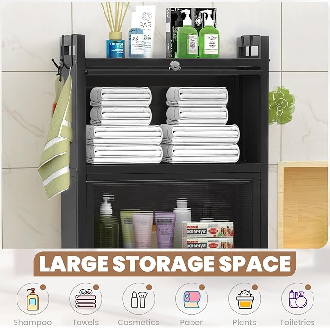 ZZL Over The Toilet Storage Cabinet,3-Tier,Bathroom Toilet Organizer,Waterproof, Cabinet Door Design,Freestanding Space Saver with 4 Hooks for Bathroom,Black