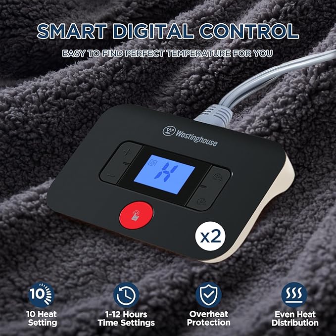 Westinghouse Electric Blanket King Size, Soft Plush Sherpa Heated Blanket with 10 Heating Levels & 1-12 Hours Auto-Off, Machine Washable, 100x90 inches, Darkgrey