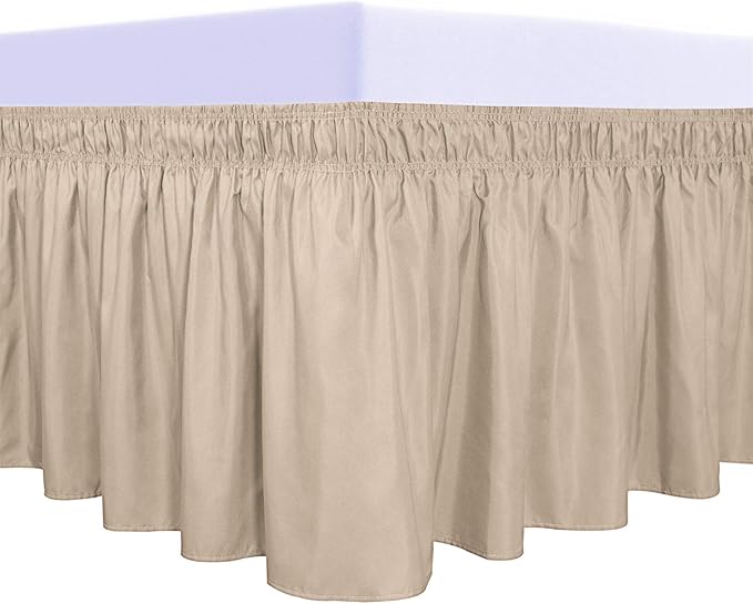 PureFit Wrap Around Ruffled Bed Skirt with Adjustable Elastic Belt - 22 Inch Drop Easy to Put On, Wrinkle Free Bedskirt Dust Ruffles, Bed Frame Cover for Twin, Twin XL and Full Size Beds, Beige
