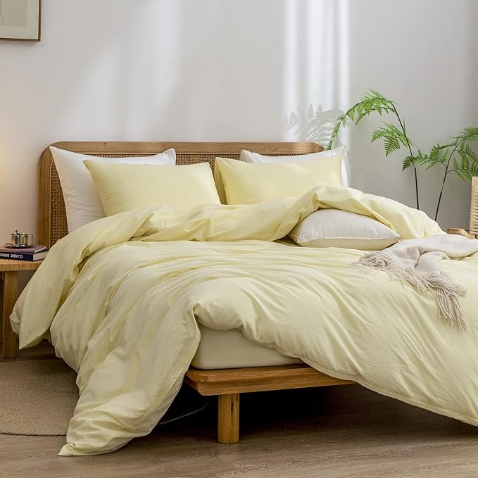 BESTOUCH Duvet Cover Set 100% Washed Cotton Linen Feel Super Soft Comfortable Chic Lightweight 3 PCs Home Bedding Set Solid Light Yellow Full/Double