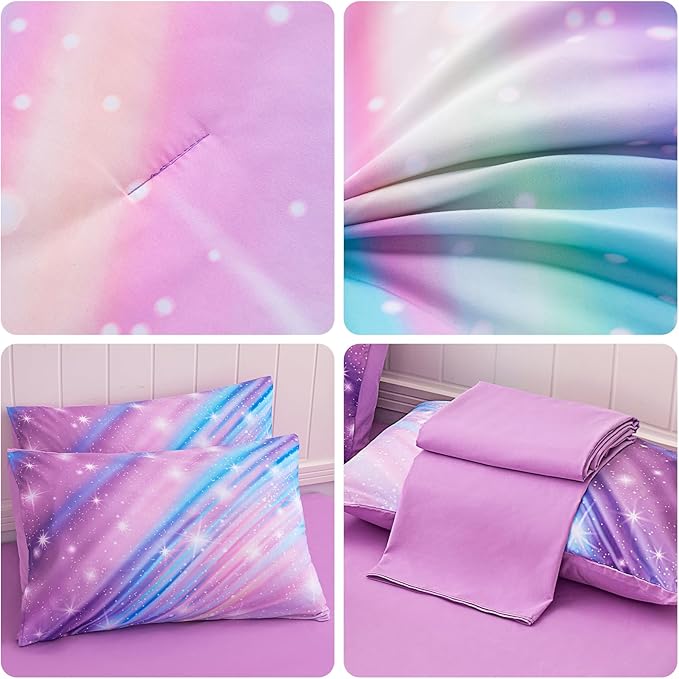 Rainbow Bedding Set Queen Size – 6-Piece Reversible Girls Comforter with Deep-Pocket Sheet, Gradient Galaxy Design, Whole-Piece Filling, Machine Washable Bed-in-a-Bag for Kids Room Makeover & Gifts