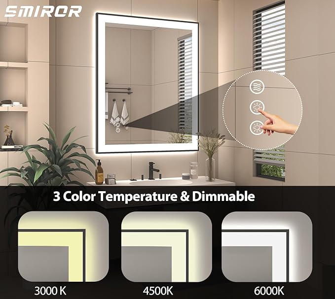 SMIROR 28x 36 Inch Lighted Mirrors with Black Frame for Bathroom Wall, Smart Led Vanity Mirrors, Front and Backlit, Dimmable, Anti-Fog, Memory, Shatterproof, ETL Listed (Horizontal/Vertical)
