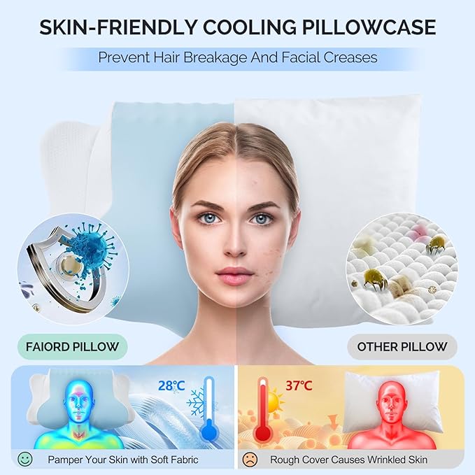 Cervical Pillow for Neck Pain Relief - Cooling Ergonomic Dual-Sided Orthopedic Neck Pillow with Ice Silk Pillowcase, Breathable Memory Foam Contour Pillow for Side, Back, Stomach Sleepers
