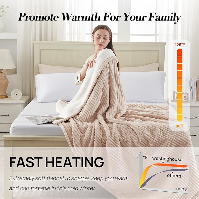 Westinghouse Full Size Heated Blanket, Soft Flannel to Sherpa Reversible, Electric Blanket Full with 10 Heating Settings & 1-12 Hours Auto Shut Off, Machine Washable, (72" x 84", Beige)