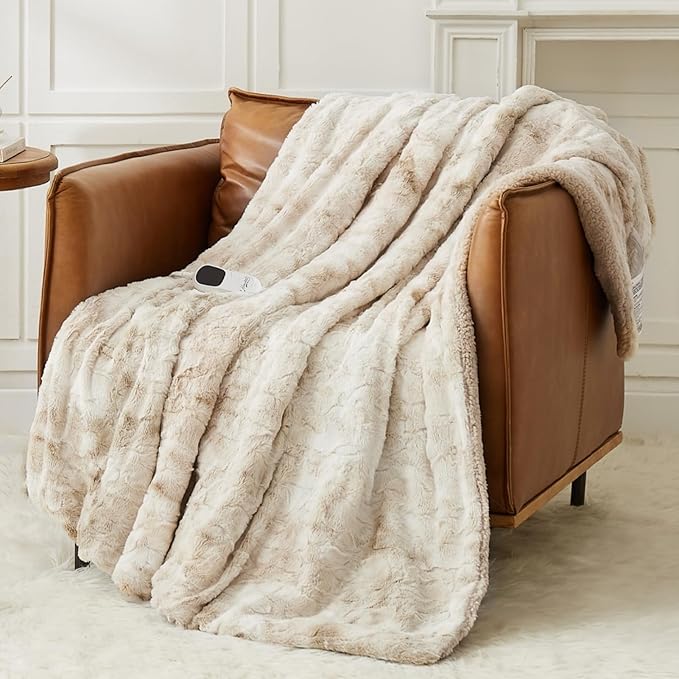 Homemate Heated Blanket Electric Throw - 50"x60" Heating Blanket Throw 1/2/4/6/8 Hours Auto-Off 10 Heat Levels Over-Heat Protection Luxury Faux Fur Sherpa ETL Certification