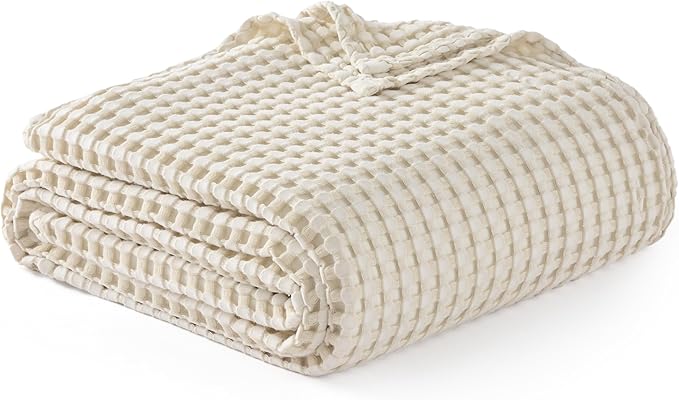 Bedsure Cooling Cotton Waffle King Size Blanket - Lightweight Breathable Blanket of Rayon Derived from Bamboo for Hot Sleepers, Light Beige, 104x90 Inches