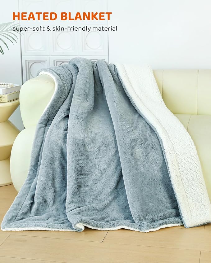 Heated Blanket Throw Size, Electric Throw Blanket, Heated Throw Blanket Electric Faux Fur Heating Blanket with 9 Heating Levels & 1-9 Hours Auto Off, Fast Heat & Overheat Protection, 50" x 60", Gray