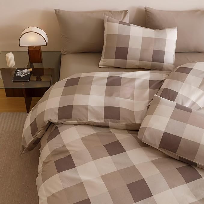 Cottonight Checkered Khaki Comforter Set King Men Gingham Grid Bedding Set Khaki and Cream Coffee Grid Comforter Fluffy Soft Blanket Quilts Modern Cottagecore Comforter for King Bed