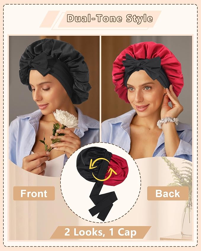 AWAYTR Women Satin Bonnet for Sleeping - Double Layer Silk Hair Bonnet with Elastic Tie Band for Braids Curly Hair