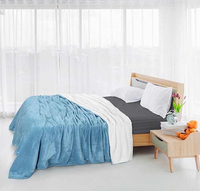 Utopia Bedding Sherpa Blanket California King Size (Washed Blue, 102x96 Inches) - Soft Lightweight Plush Fleece Reversible Blanket for Bed, Sofa, Couch, Camping and Travel