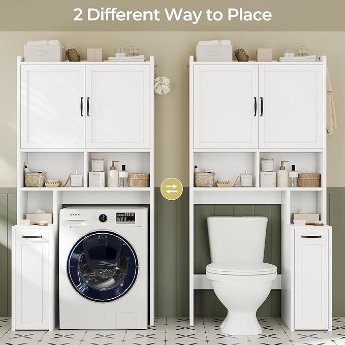 Over The Toilet Storage Cabinet with Pulley Small Bathroom Storage Cabinet, Space Saver W/Adjustable Shelf & Open Shelf for Bathroom, Restroom, Laundry (White)